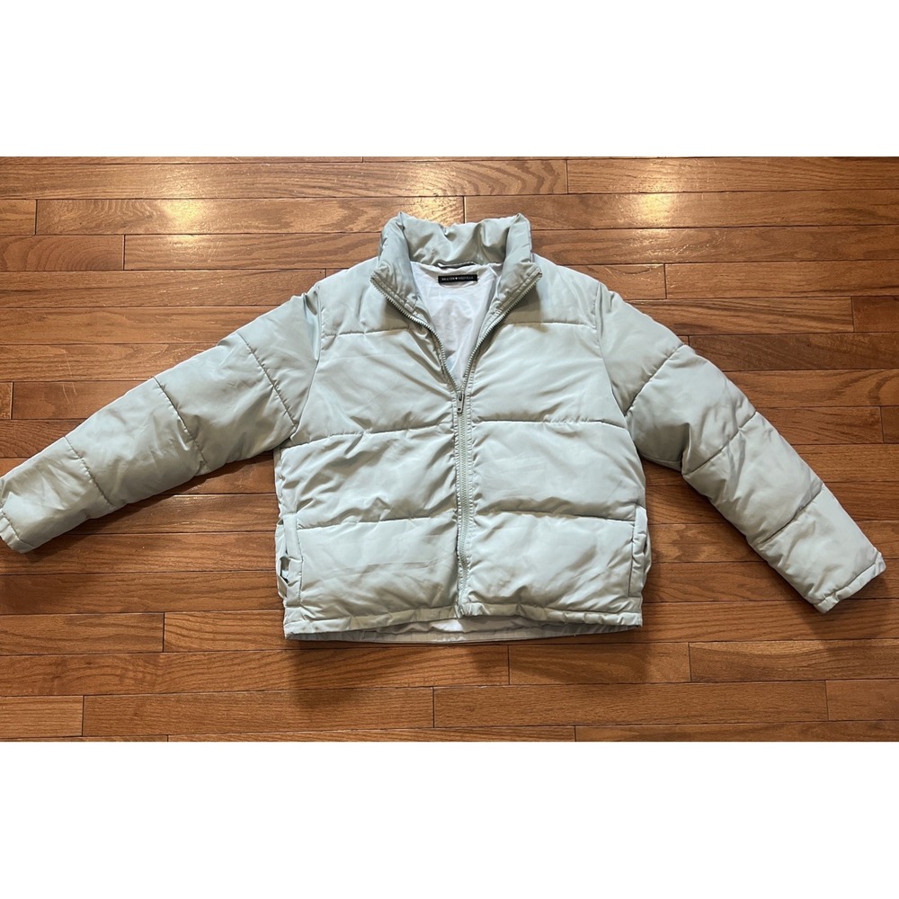 Brandy Melville Sage Green Puffer Jacket Zip Up Cropped Coat One Size XS Small